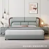 Cama de couro moderna com baú de armazenamento estofado, com colchão de suporte zonal para a coluna e armazenamento compartimentado, cama de casal multifuncional para quarto principal