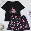 Conjunto de Pijama de Manga Corta y Shorts, Cuello Redondo, Estampado de Dibujos Animados Cómodo y Lindo, Tela Ignífuga, Ropa de Casa Casual, Disponible para Venta al por Mayor