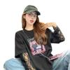 Camiseta de Algodón Puro Falsa de Dos Piezas con Dibujos Animados y Graffiti Chic para Mujer, Estilo Puro Deseo con Encaje Empalmado Protector Solar Holgada para Cubrir el Vientre