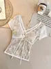 5251 # Blusa de renda de manga curta para mulheres, verão pura e sexy, decote V nas costas, acinturada, modeladora, com bojo, camiseta de manga curta