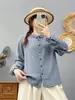 Camisa de Manga Larga a Cuadros Vintage para Mujer de Primavera y Otoño, Corte Holgado, Cuello Cuadrado, Gasa de Algodón de Doble Capa, Top de Algodón Puro, Camisa Casual con Botones Multicolor