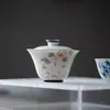 Gaiwan de Cerámica Azul y Blanco Pintado a Mano de las Dinastías Tang y Song, Tazón de Té de Porcelana Blanca Delgado Hecho a Mano, con Acentos Dorados