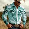 Camisa Masculina de Manga Longa Estilo Novo Ocidental Transfronteiriça Estampa Digital 3D Cavalo Galopante Vintage Solta Camisa com Lapela
