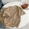 Camiseta feminina de algodão com renda, manga curta, listrada, estilo coreano, simples, solta, gola redonda, suéter, top listrado versátil, camisa de base