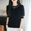 2026 Primavera/Verão Novo Fio de Algodão Puro Gola Redonda Tricô Manga Curta Listras Verticais Bloco de Cores Solto Camiseta de Base Top