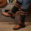 2026 Comércio Exterior Sapatos Femininos Plus Size Novos Outono Inverno Europeu Americano Botas Longas Bico Redondo Patchwork de Couro Fivela Quadrada Salto Quadrado Botas de Equitação