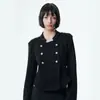 Chaqueta corta de estilo coreano minimalista con cuello mao, hombrera cruzada de doble botonadura, entallada a la cintura vintage, dobladillo curvo, chaleco abrigo de corte ajustado