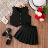 Conjunto de Verano para Niñas Estilo Universitario: Conjunto de Dos Piezas: Chaleco de Color Sólido sin Mangas con Cuello en V + Falda Plisada de Línea A con Cintura Elástica