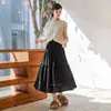 Falda de Pastel Patchwork de Encaje de Terciopelo Negro para Mujer, Falda de Paraguas acampanada de longitud media de cintura alta adelgazante de Primavera, Poliéster
