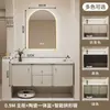 Mueble de baño pastoral color crema estilo francés con lavabo integrado de cerámica, diseño de montaje en pared, protección ambiental nivel E0, construcción perfecta multicapa de madera maciza