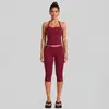 Conjunto de roupa fitness feminina transfronteiriço com lindo top esportivo de costas com amarração no pescoço, conjunto de shorts de secagem rápida para corrida ao ar livre, ciclismo e yoga