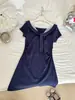 Vestido de Fada 2026 Verão Nova Moda Vestido Elegante Petite Camiseta Saia Curta Feminino Azul Marinho Poliéster