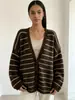 Roupas femininas europeias e americanas transfronteiriças outono e inverno 2026 cardigã de tricô listrado solto casaco suéter feminino gola V ombro caído manga bufante