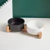 Comedero Negro para Gato, Bebedero Cerámico, Doble Comedero, Comedero Cerámico para Comida, Comedero para Perro, Bol de Arroz para Gato, Comedero con Base de Madera, Comedero para Mascotas Anti-Vuelco