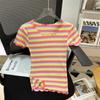 Camiseta de Algodão Puro Manga Curta Feminina Listras Arco-Íris Verão 2025 Novo Estilo Tricô Barra Cogumelo Slim Fit Top