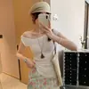 Camiseta de Manga Corta Azul Marino con Hombro Asimétrico Estilo Americano Súper Bonita para Mujer Verano 2025 Nuevo Look Adelgazante Top Hot Girl
