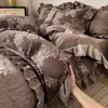 2026 Nuevo Estilo Retro Juego de Cama de Algodón y Lino de Cuatro Piezas Funda Nórdica Gruesa de Algodón y Lino con Encaje Francés Suministros de Sábanas