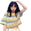 Nova T-shirt de Verão 2024 Estilo Coreano Solta com Listras Arco-íris Manga Curta Feminina Estudante Curta Cropped Tendência Top de Comércio Exterior