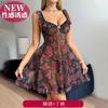 Conjunto de Lingerie Sexy Europeu e Americano com Estampa de Rosa Decote em V Profundo Alças Longas Camisola Levemente Transparente Saia Evasê e Calcinha