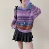 Suéter de punto Fair Isle con cuello redondo, bloques de color, imitación de visón brillante, seda, estilo suave, ajuste holgado, para mujer, otoño e invierno