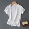 Diseño Simple, Cuello en U Pequeño, Estilo Básico, Color Sólido, Alta Elasticidad, Corte Ajustado, Camiseta de Manga Corta de Algodón de Alto Hilo para Mujer