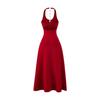 Vestido Halter de Cuello en V Estilo Francés con Copas, Diseño para Mujer con Cadena en la Espalda, Cintura Cortada y Falda Larga de Sirena