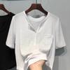 2313 # 2026 Primavera/Verão Cor Sólida Bolso Pequeno Algodão Canelado Manga Curta Camiseta para Mulheres Baixinhas