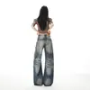 Jeans Feminino Americano Retrô High Street Lavado Splash-Ink Pequena Cimitarra Solto de Perna Larga, Confortável para o Dia a Dia e Versátil