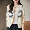 Suéter de Tricô Jacquard com Blocos de Cor e Gola Redonda Outono/Inverno 2025 para Mulheres Jaqueta Cardigã de Algodão Puro com Design de Zíper Duplo Outono/Inverno Novo para Mulheres
