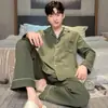 Pijama Masculino 100% Algodão Primavera e Outono Novo Estilo Manga Longa Calça Longa Cardigã Gola Lapela Moda Estilo Coreano Roupa de Casa Roupa de Fora