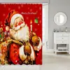 Cortina de chuveiro transfronteiriça, fundo vermelho, design vintage de Papai Noel, tema de vela, decoração de banheiro para feriado, não requer perfuração, vem com 12 ganchos