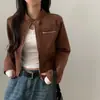 En stock chaqueta biker corta de gamuza elegante estilo coreano para principios de otoño, de cuello alto, cintura alta, para mujer