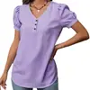 Amazon 2026 Verão Novo Transfronteiriço Europeu e Americano Camisa Feminina Casual Cor Sólida Gola V Botão Versátil Listrada Camiseta