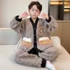 Pijama para niños, ropa de estar cálida de forro polar coral para otoño e invierno, conjunto de franela de corte holgado para niños y niños mayores