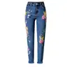 Jeans Reto Slim de Cintura Alta Bordado com Pássaros e Flores - Popular entre Mulheres Europeias e Americanas