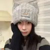 Bonito Gorro de Punto Estilo Fair Isle con Orejas de Gato para Mujer, Calentador de Cabeza de Invierno Forrado de Felpa, Gorro de Punto que Adelgaza el Rostro
