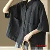 Camisa Feminina Manga Curta Lapela Cor Sólida Solta Estilo Artístico Novo de Verão Top