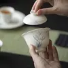 Cuenco Tapa de Pie Alto Boca de Flor Estilo Dinastías Tang y Song, Cerámica Pintada a Mano Azul y Blanco Diseño de Orquídea, Juego de Té para el Hogar, Cuenco Tapa para Preparar Té