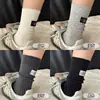 Calcetines Grises para Mujer, Calcetines de Media Pantorrilla de Doble Aguja, Calcetines de Algodón Lisos Sin Costuras para Primavera y Otoño, Unisex, con Etiqueta de Tela en el Talón, Calcetines Largos, Calcetines Arrugados