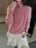 Suéter de punto de cachemira suave y pegajoso Henley de cuello alto cepillado imitación lana de oveja para mujer, otoño e invierno, solapa de terciopelo, color liso
