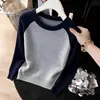 Top de Punto Fino con Bloques de Color y Cuello Redondo para Mujer Otoño/Invierno 2026 Nuevo Top Estilo Francés de Otoño