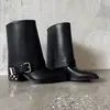 Botas de Couro com Rebites para Mulheres, Botas de Salto Grosso, Novo Estilo Outono e Inverno, Couro Genuíno, Bico Fino, Mangas, Botas da Moda de Cano Médio para Mulheres