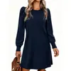 Moda Europeia e Americana Vestido Feminino Tricô Manga Bufante Manga Longa Outono Inverno Gola Redonda Casual Solto com Bolsos