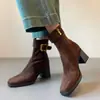 Botines de Tobillo de Gamuza con Tacón Alto de Punta Cuadrada y Suela de Goma de 7 cm para Mujer, Ligeros, con Tacón Grueso, Correa Adelgazante, Botas Martin