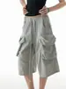Pantalones cortos deportivos casuales estilo americano color gris callejero para mujer, verano finos holgados adelgazantes multibolsillos tipo cargo capri pants de chándal