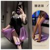 Lencería Sexy Tentación Cuero Patentado Empalme Transparente Hombros Descubiertos Mameluco de una Pieza Abertura en la Entrepierna Traje sin Quitarse Uniforme Tentación Traje Morado