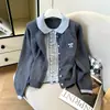 Cardigan de malha estilo college cinza, falso two-piece, com lapela, manga longa, casaco suéter novo para primavera e outono, top curto