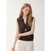 Camiseta de punto estilo Old Money con cuello en V hueco color café para mujer, Chaleco sin mangas de verano ajustado con solapa, Top elegante