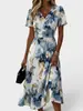 Vestido de Verano 2026 Nuevo para Mujer, Estampado Dulce de Manga Corta, Corte Ajustado, Elegante, Cuello en V, Transfronterizo Europeo y Americano de Amazon