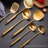 Conjunto de seis peças em aço inoxidável 304 banhado a ouro: colher de sopa para cozinhar, escorredor grande, colher de mingau, espátula, pá de fritar, suporte para utensílios de cozinha